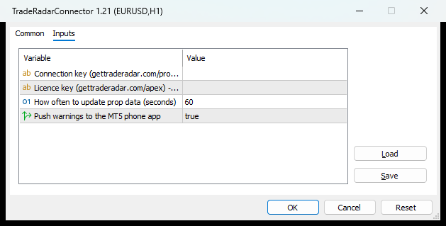 TradeRadar Connector Inputs dialog with Connection key and Licence key