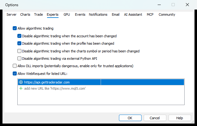 MT5 Options, Expert Advisors tab, WebRequest allowed for https://api.gettraderadar.com