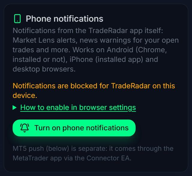 Phone notifications blocked message with the help link