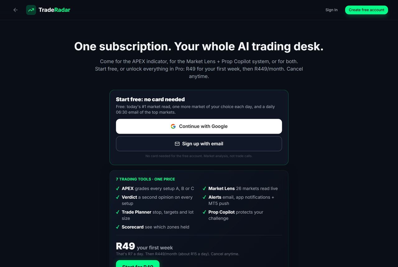 TradeRadar pricing page